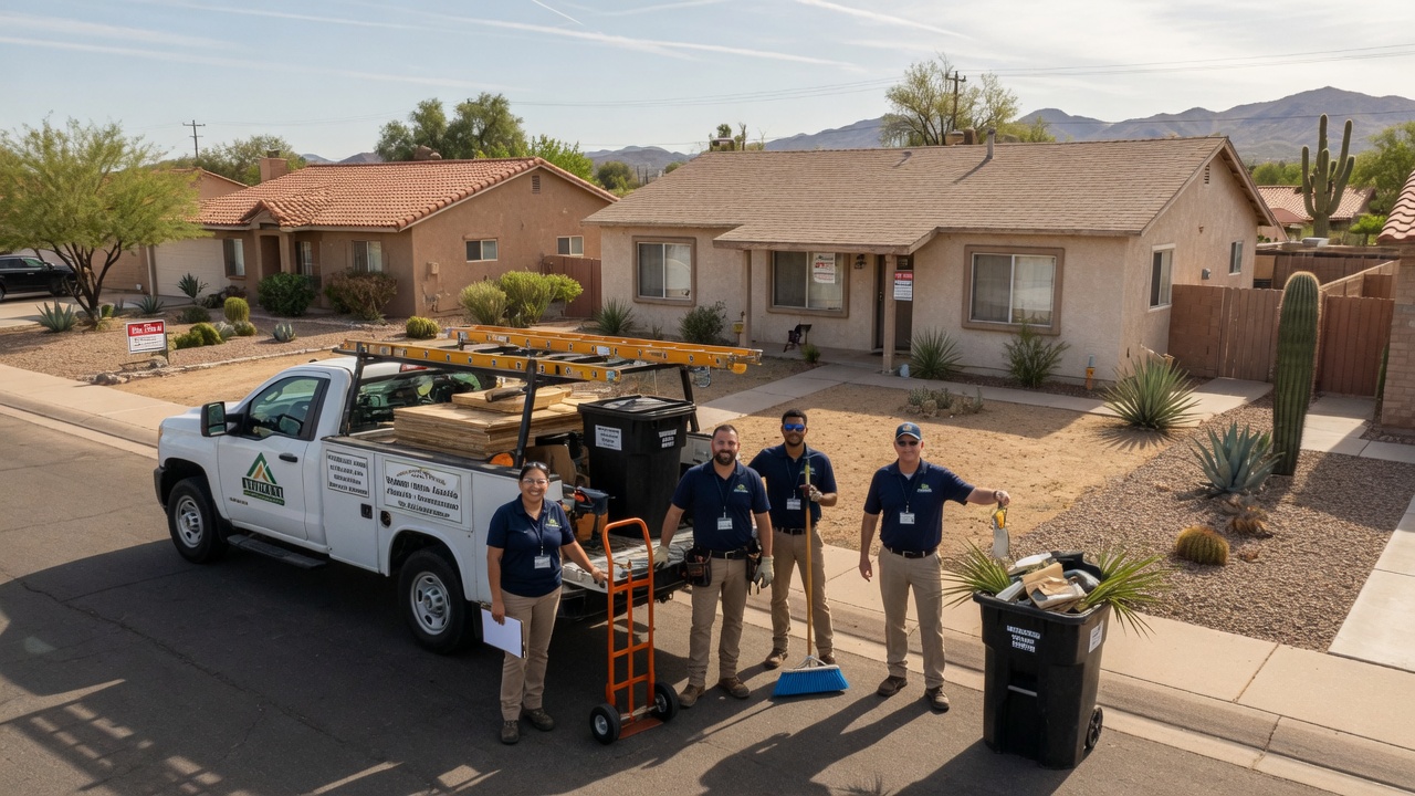 Professional foreclosure cleanout crew with equipment ready to service an Arizona property