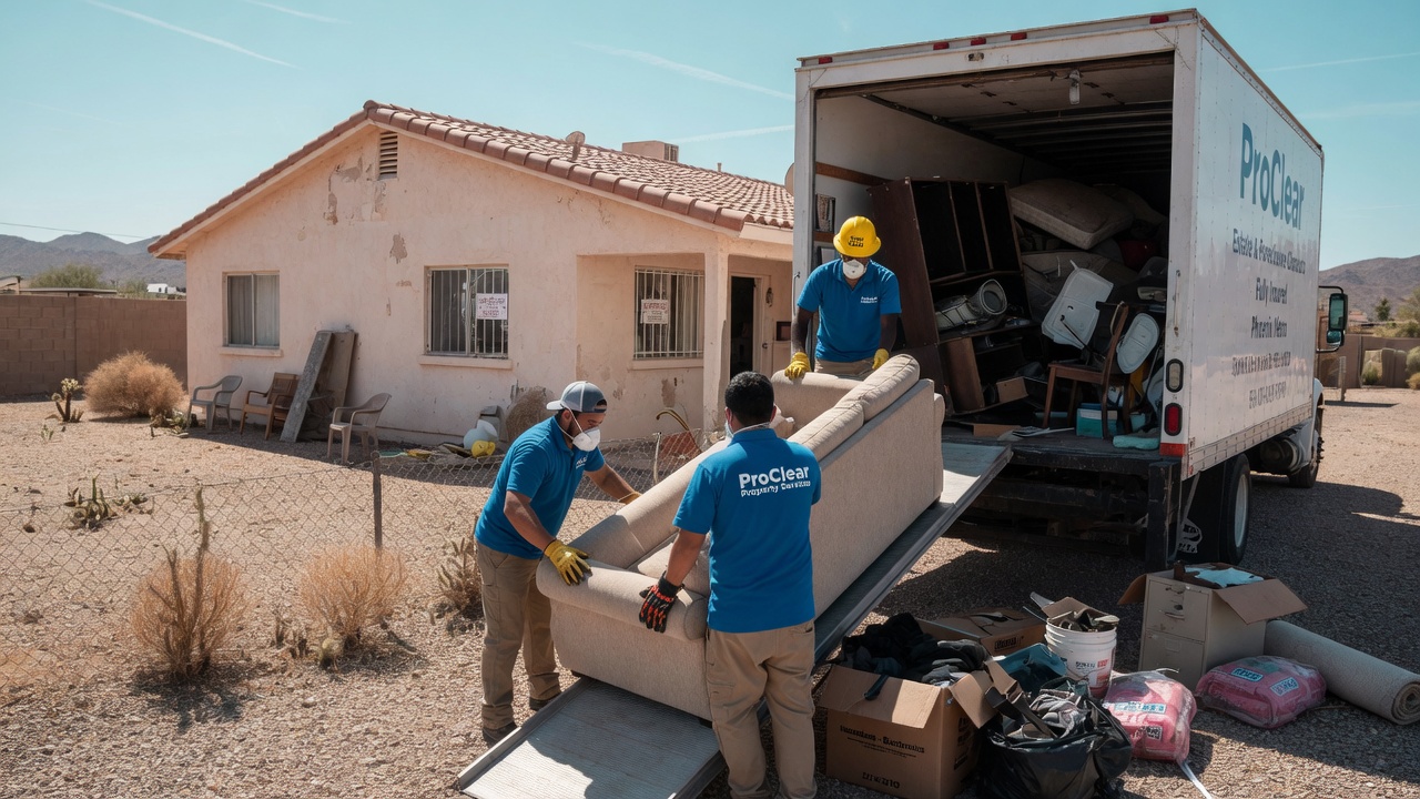 Foreclosure cleanout crew removing debris and furniture from an Arizona property
